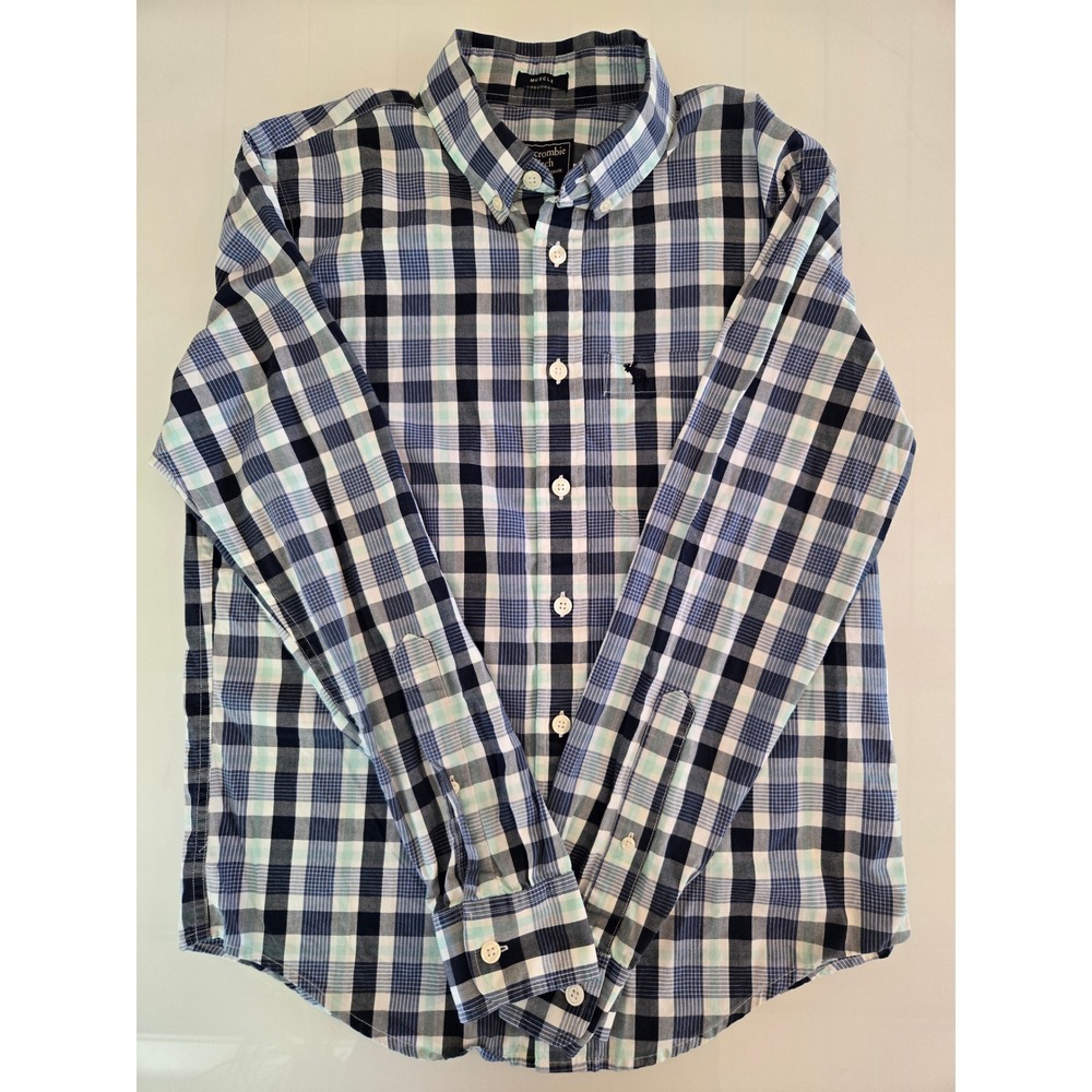 Abercrombie & Fitch Mens Small Muscle Fit Plaid Button Down Shirt Navy Mint